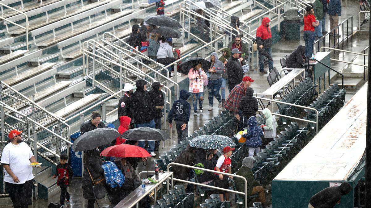 The Modesto Nuts High School Baseball Showcase game between Patterson and Hilmar was suspended in the fourth inning due to rain at John Thurman Field in Modesto, Calif., Saturday, March 23, 2024. Patterson is leading 4-2.