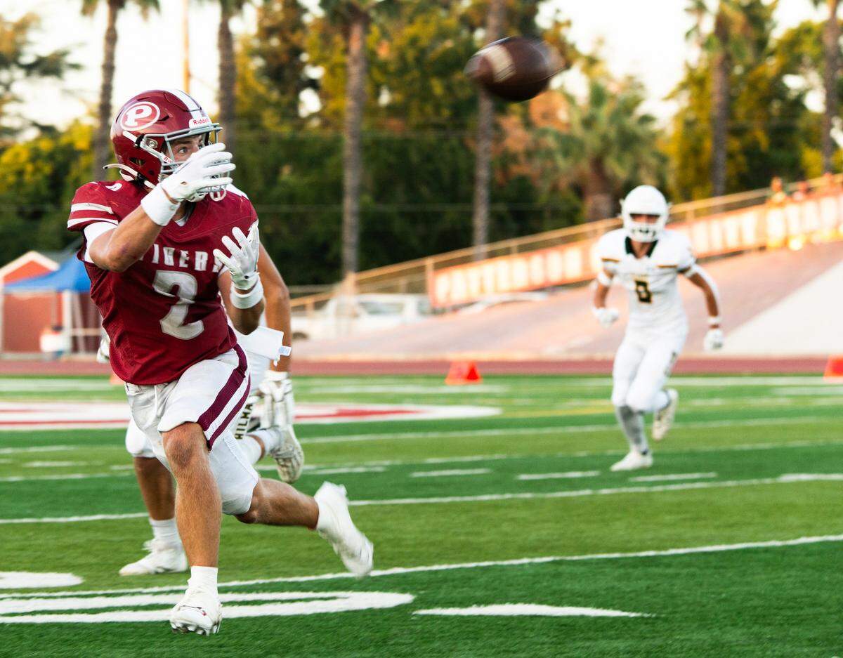 Noah Cozart, 2, of Patterson High waits for a pass during the first half of the game with Hilmar.