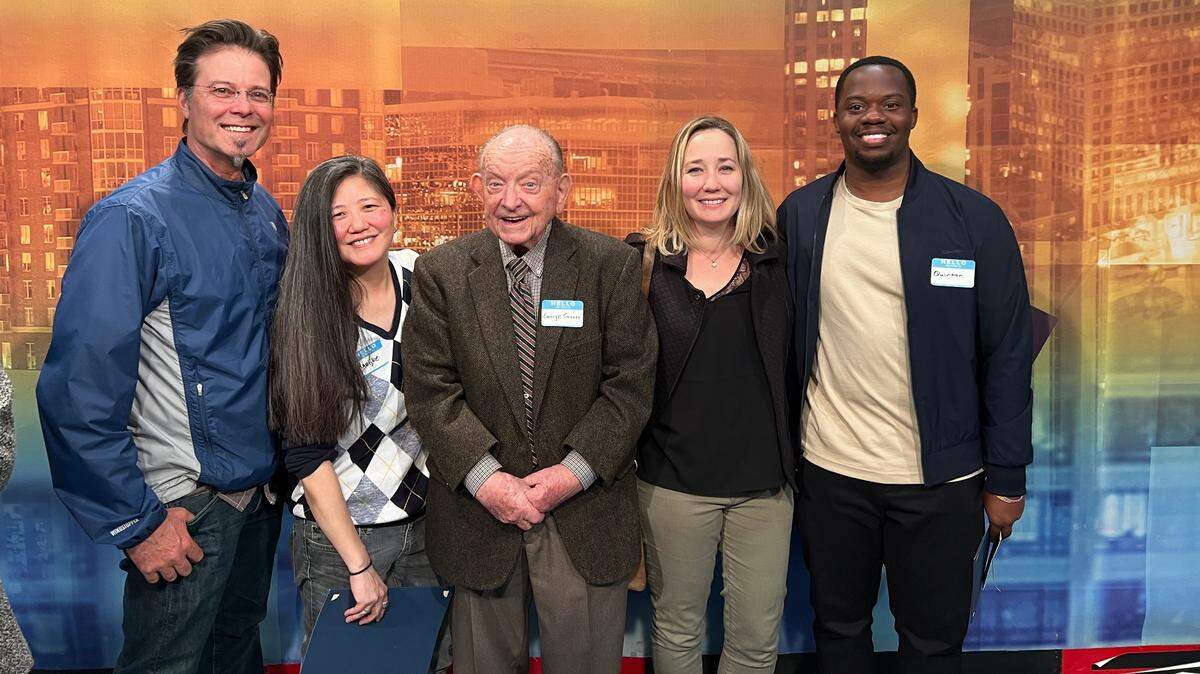Wednesday night, April 20, 2023, at the ceremony for the awards named in his honor, George F. Gruner is flanked by Modesto Bee journalists Andy Alfaro, Marijke Rowland, Erin Tracy and Quinton Hamilton.