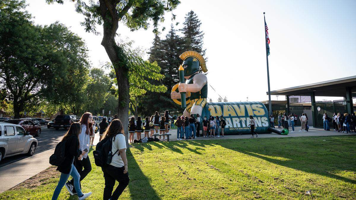 Students return to school for at Davis High School in Modesto in 2021.