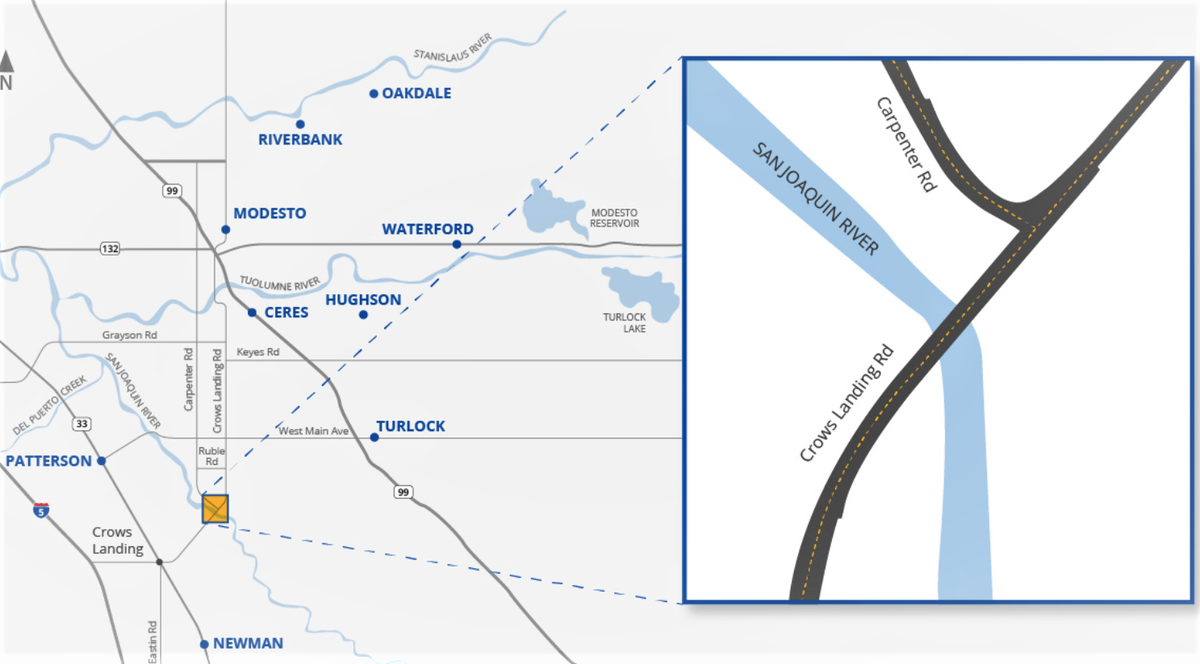 The gold square on the map denotes where the bridge work will take place.