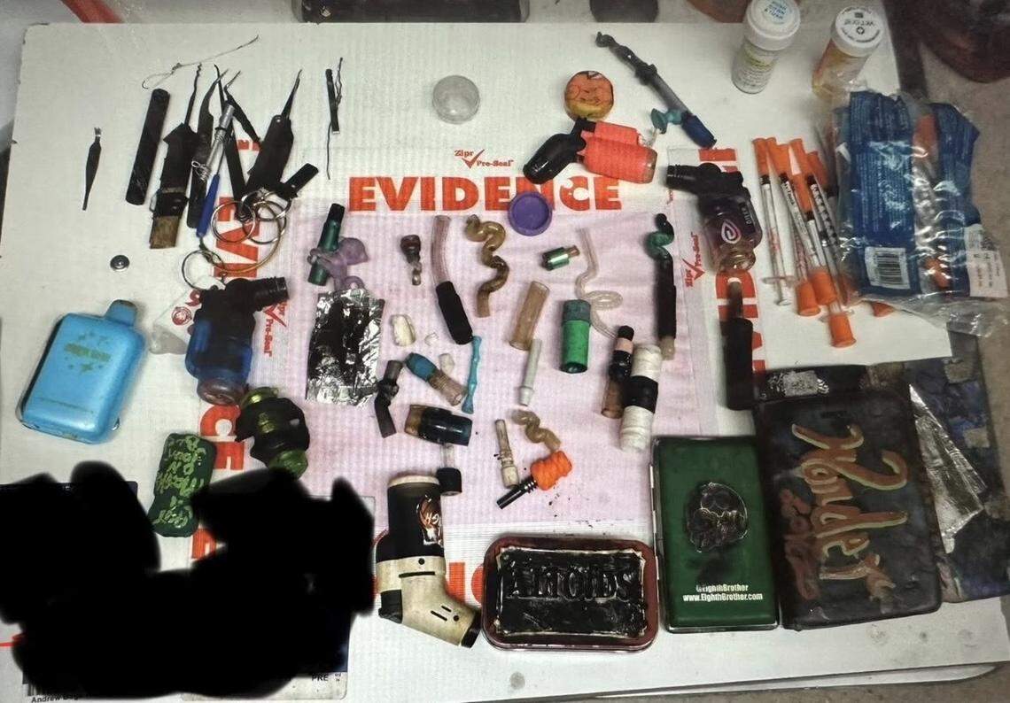 Items of alleged drug paraphernalia and controlled substances recovered during a CHP Sonora traffic stop on April 15, 2026.