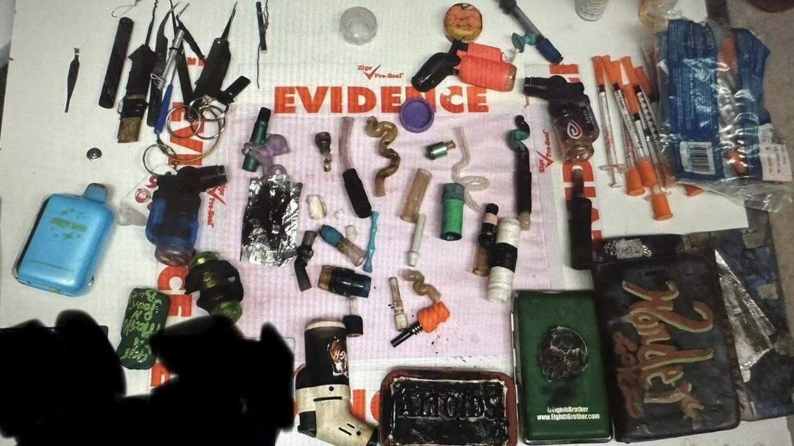 Items of alleged drug paraphernalia and controlled substances recovered during a CHP Sonora traffic stop on April 15, 2026.