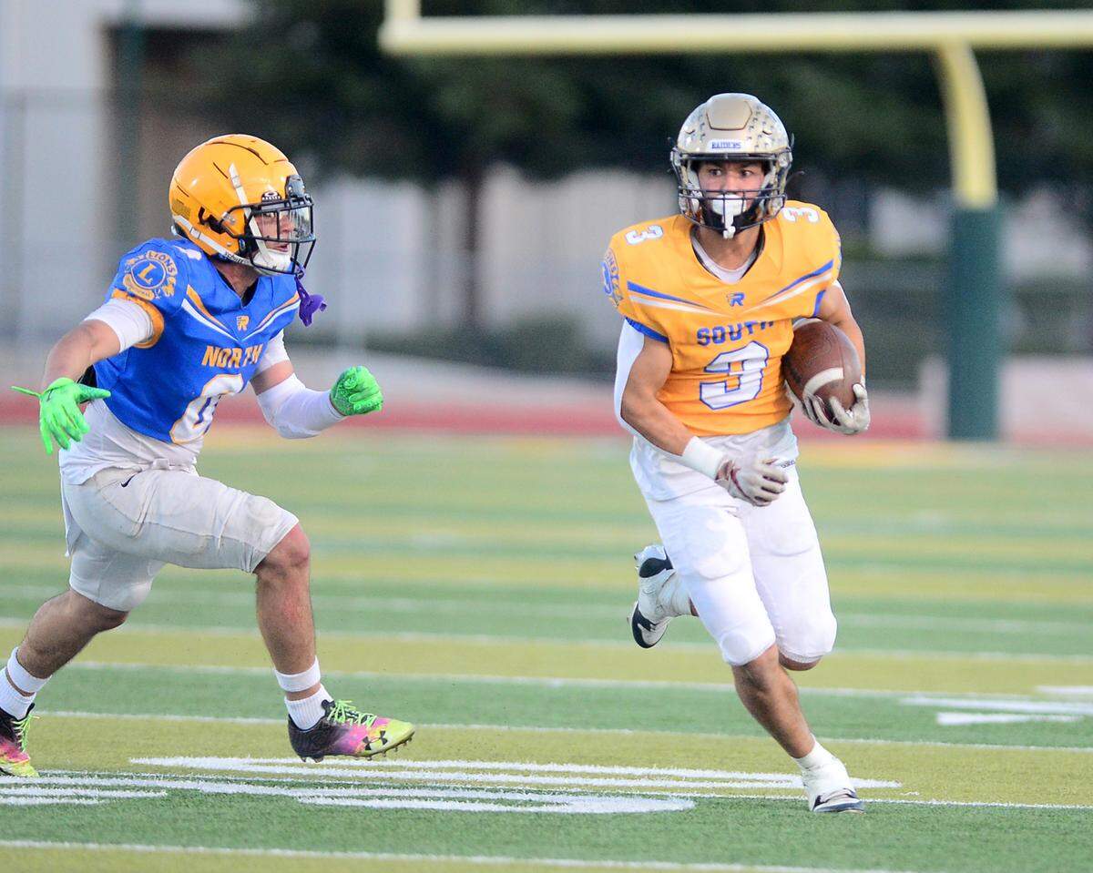 Central Catholic’s Trace Hernandez (3) runs around the edge away from a North Team defender during the 2024 Lions All-Star High School Football game at Tracy High School in Tracy, Calif. on June 22, 2024.