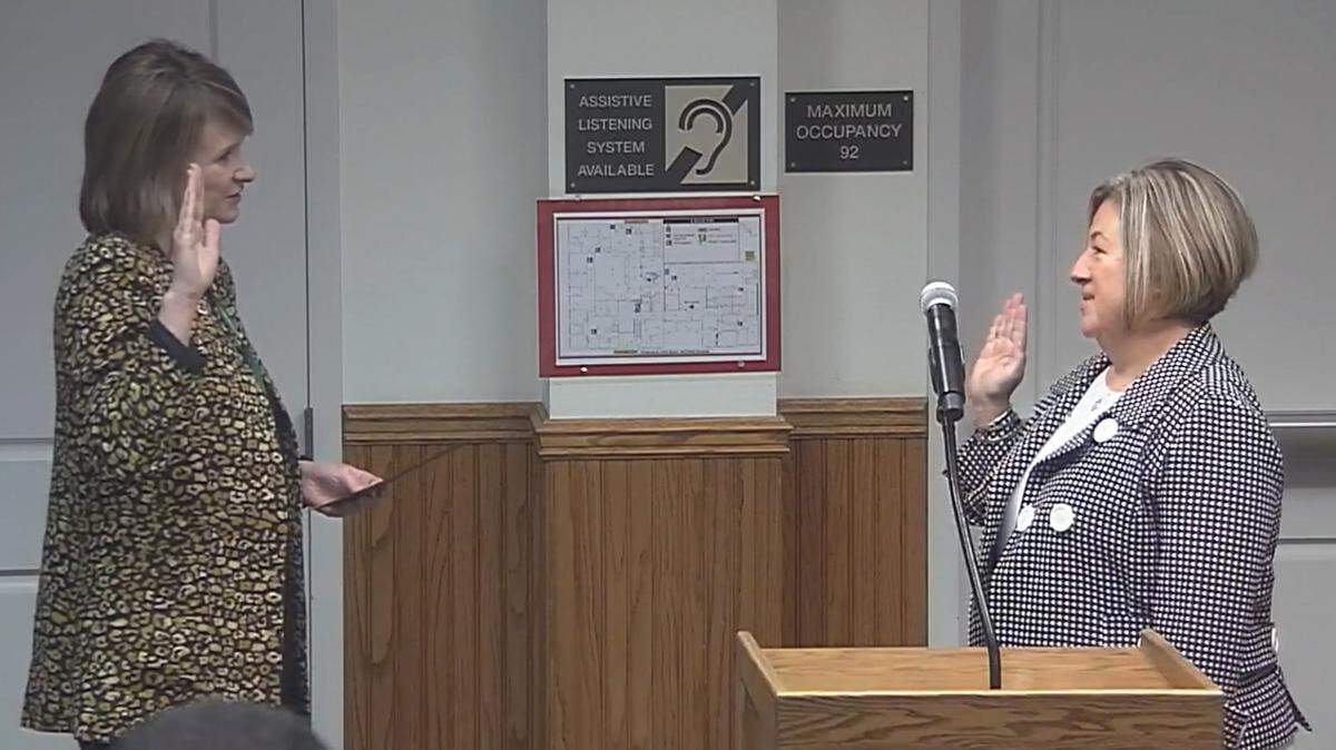 City Clerk Jennifer Land (left) swears in new Turlock City councilwoman Rebecca Arellano on Friday morning February 1, 2019 in the Turlock City council chambers.