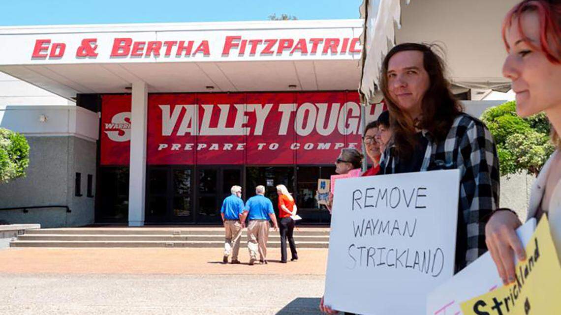A rally in support of the Stanislaus State women’s basketball players was held outside the athletics awards banquet in April. The university is investigating player complaints against women’s basketball coach Wayman Strickland.