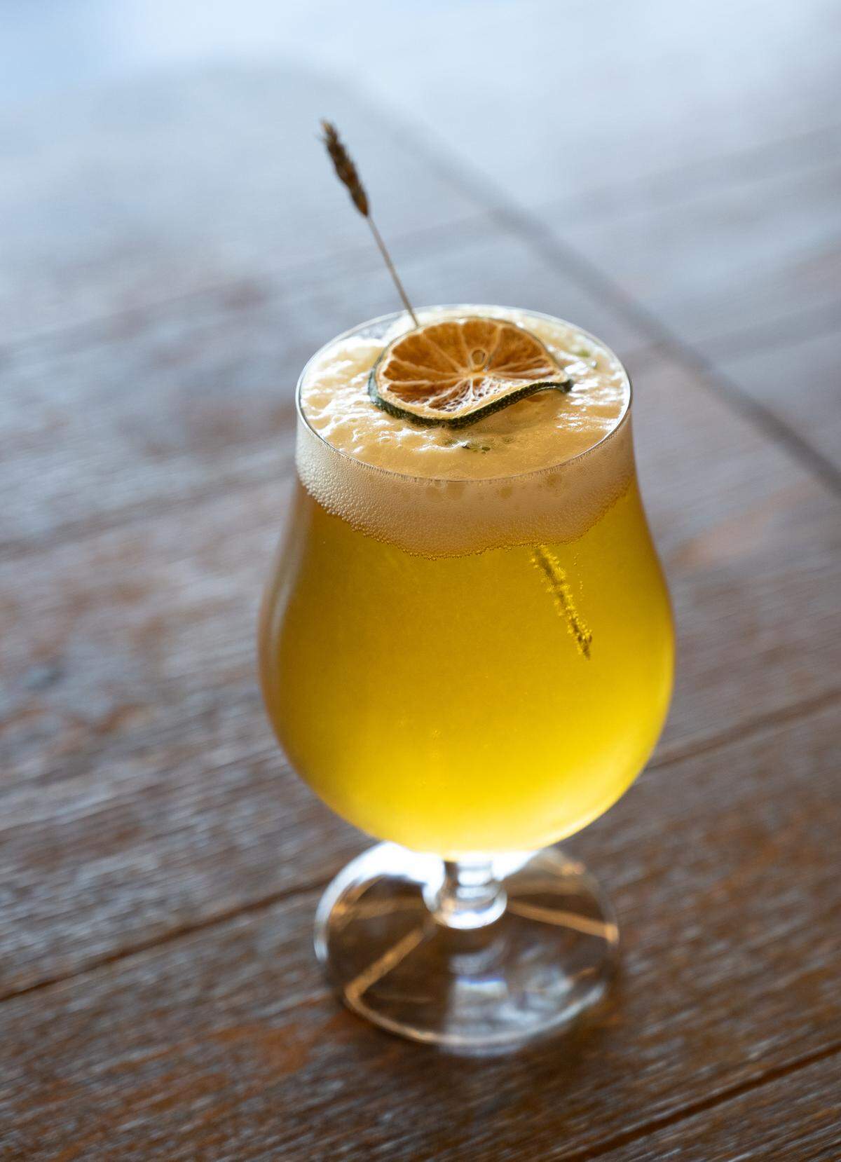Craft brew cocktails like the Lavender Haze (lavender, mint, lime juice, pilsner) are available at the Track 424 Brewery taproom in Modesto, Calif., Friday, June 28, 2024.