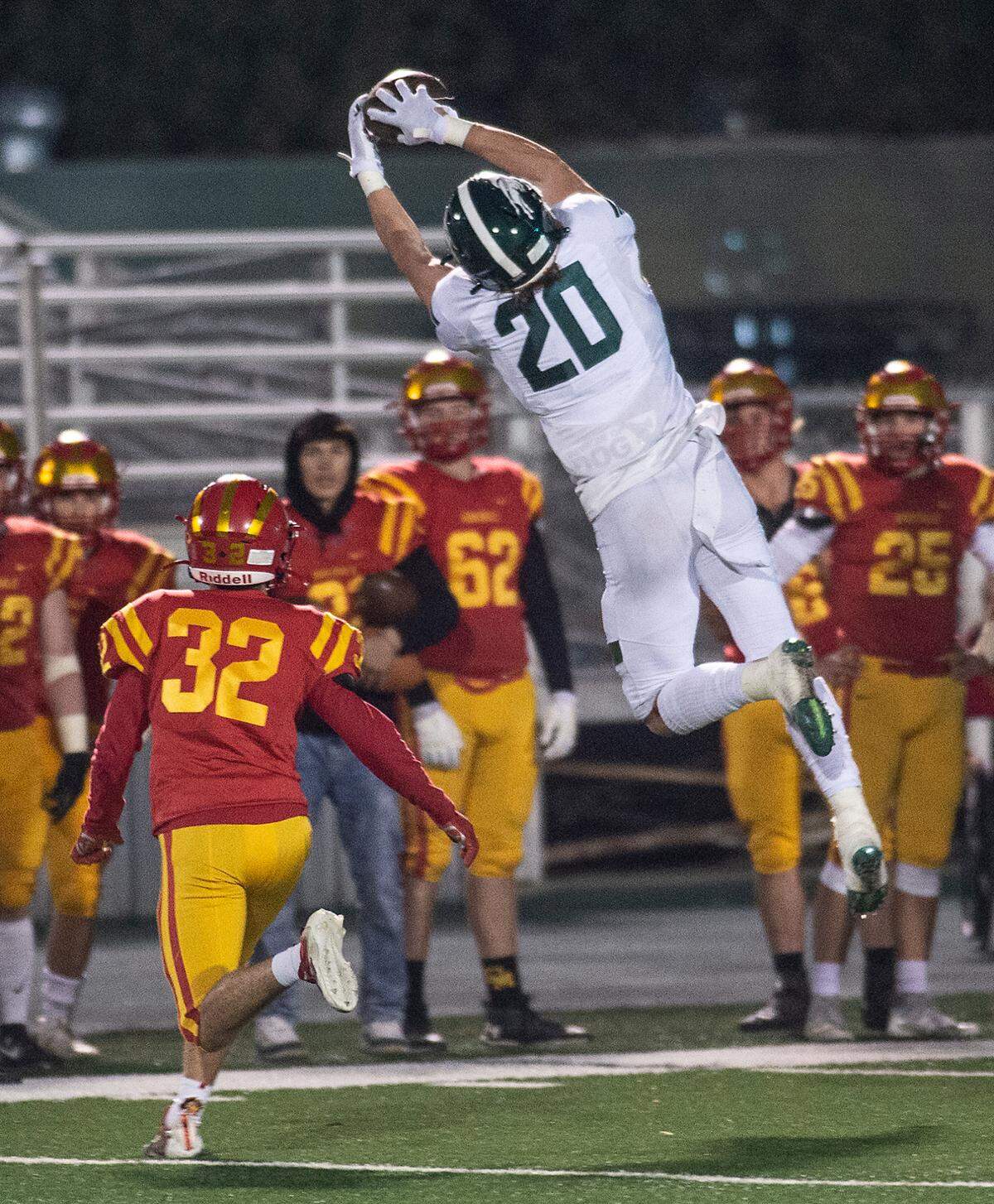 Manteca’s Blake Nichelson reaches out for a reception the Sac-Joaquin Section Division III championship game with Oakdale at St. Mary’s High School in Stockton, Calif., on Friday, Nov. 25, 2021. Manteca won the game 35-28.