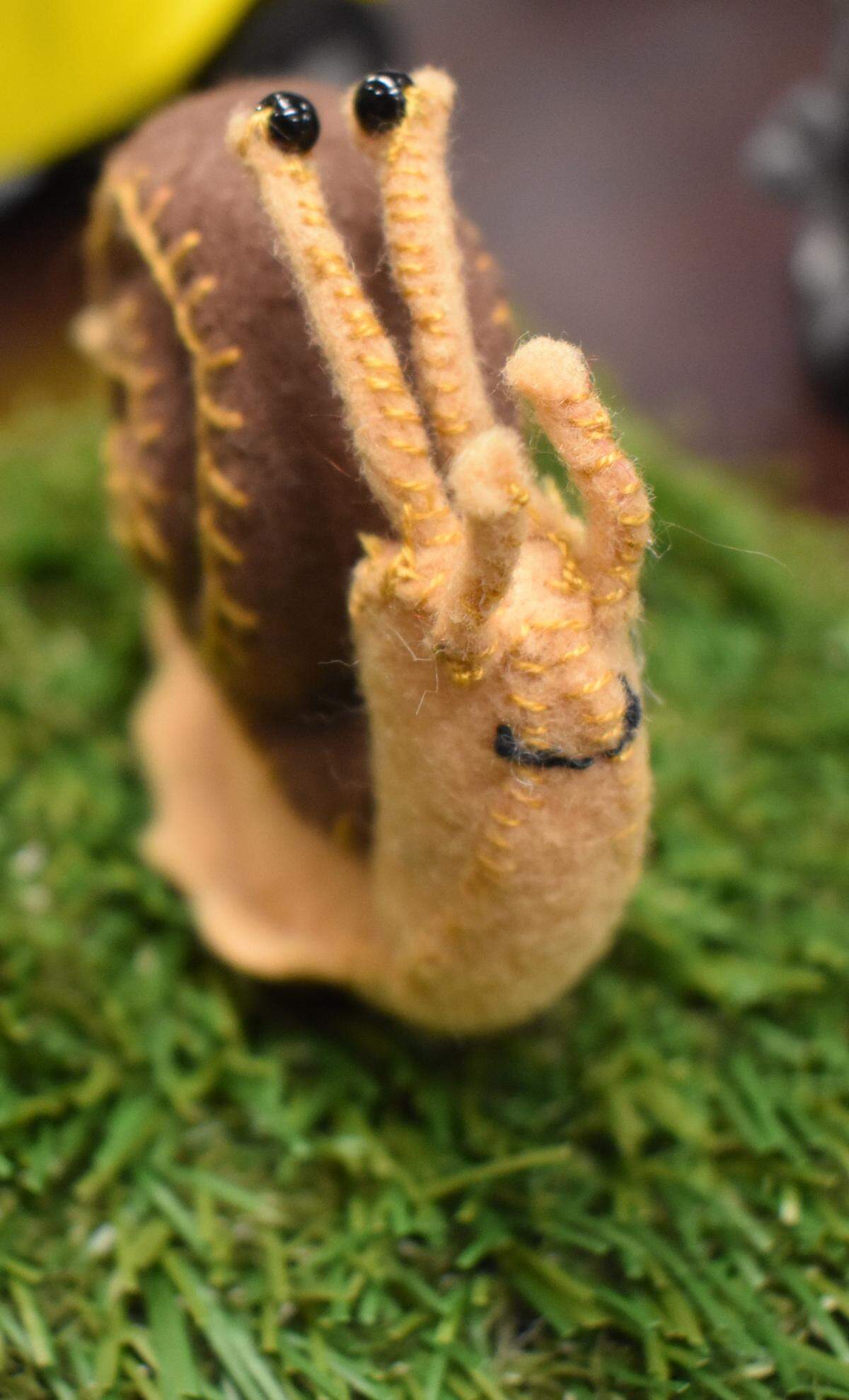 This snail is among the Wonky Felt creations by Sara Lytle-Pinhey, a Stanislaus County employee who works in Tenth Street Place in downtown Modesto.