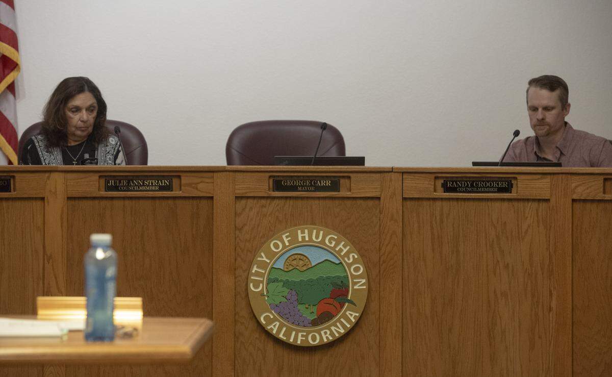 Councilmembers Julie Ann Strain, left, and Randy Crooker sit at the dais during a Hughson City Council meeting Tuesday, May 26, 2026, after Mayor George Carr recused himself from agenda items involving his censure and committee assignments.