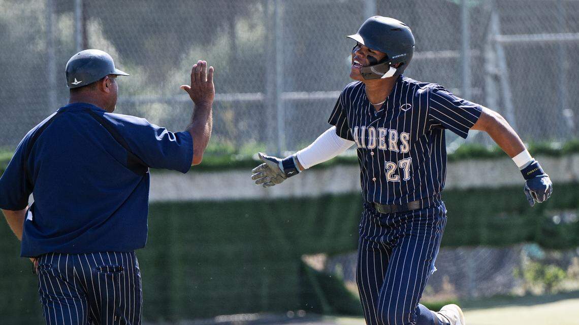Central Catholic’s Joel Roberts hit a two-run home run in the first inning during the Northern California Regional Division III championship game with Oakmont at Central Catholic High School in Modesto, Calif., Saturday, June 3, 2023. Central Catholic won the game 5-2.