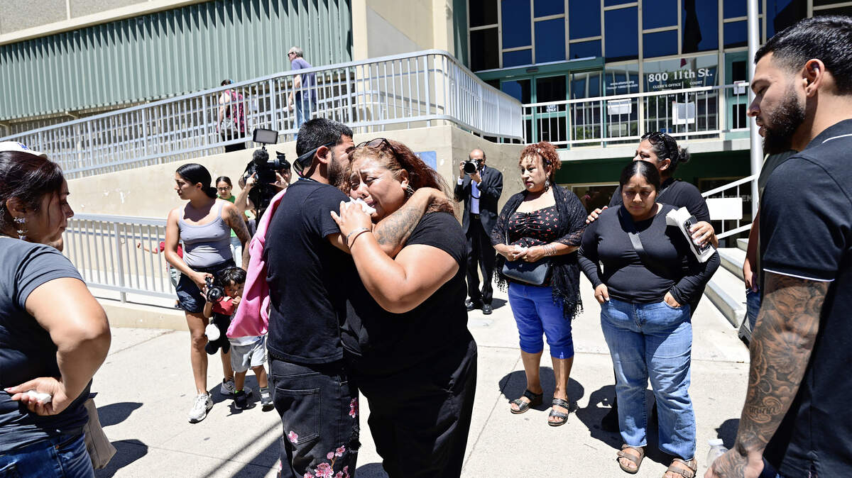 Family of Maria Silvia Nuñez-Villalobos, 23-year-old Fabiola Gonzalez-Nuñez, and 2-week-old Mateo Gonzalez gather after the arraignment of Joaquin Escoto who pleaded not guilty to murder charges during an arraignment in Stanislaus Superior Court in Modesto on Monday June 1, 2026.