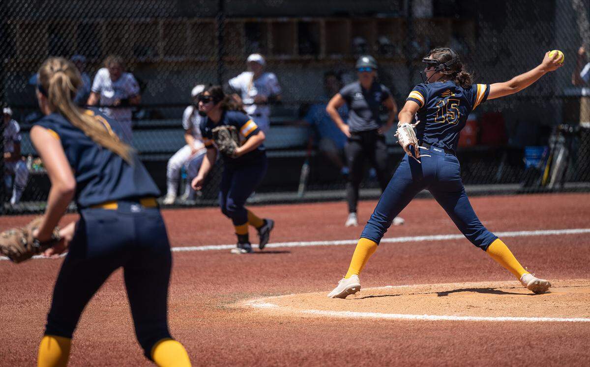 Big Valley Christian’s Ava Hernandez delivers a pitch during the Sac-Joaquin Section Softball Division VII championship game with Stone Ridge Christian at Delta College in Stockton, Calif., on Saturday, May 21, 2022. Big Valley Christian won the game 5-3.