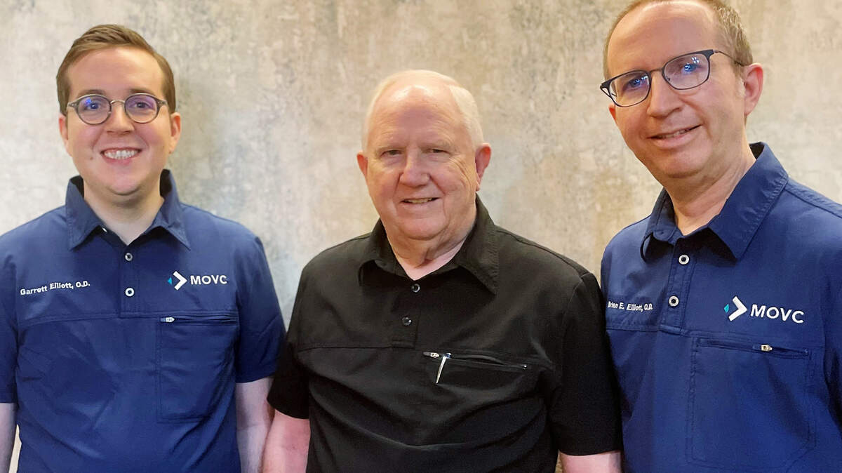 Garrett Elliott, left, has joined the Modesto optometric office founded by grandfather L. Edward Elliott, center, and also staffed by father Brian Elliott. It was announced in November 2021.