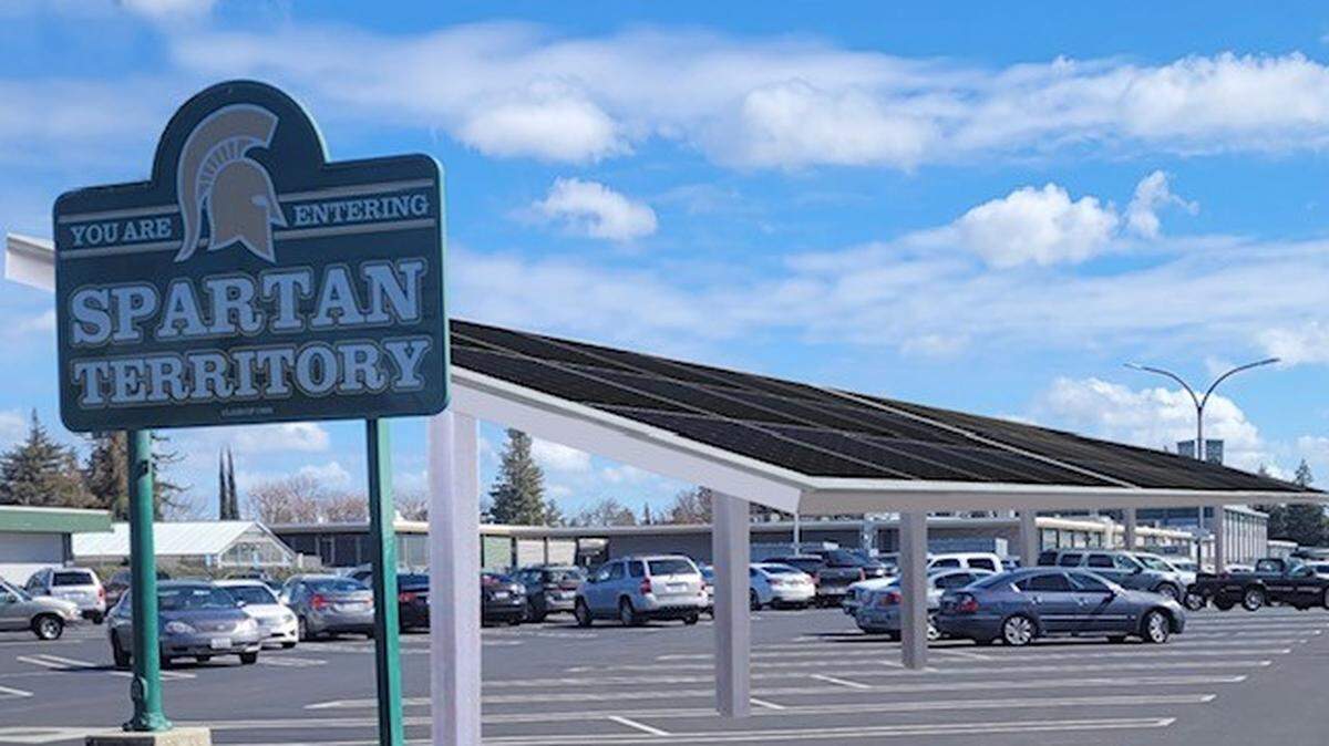 Artist-rendering of the first solar parking structure being built by summer 2023 at Davis High School in Modesto.
