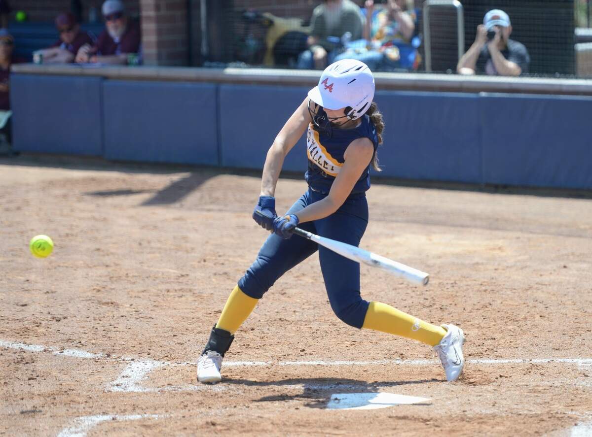 Big Valley Christian’s Morgan Merzon hits a triple during the Sac-Joaquin Section Division VII championship against No. 3 Buckingham Charter at Cosumnes River College on Saturday, May 18, 2024.