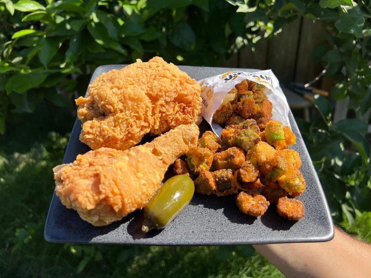 A two-piece thigh and drumstick combo with fried okra from Church’s Texas Chicken in Modesto, Calif.