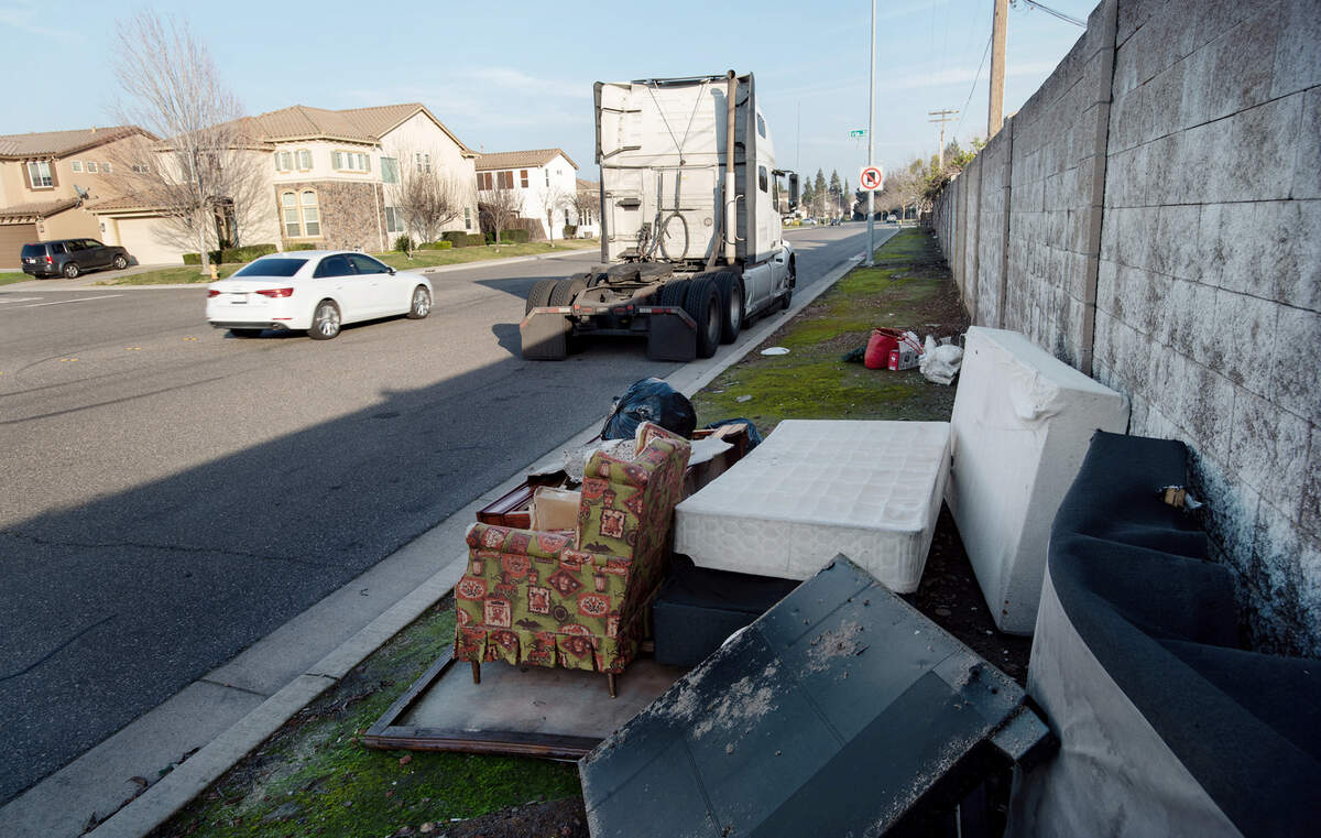 Illegal dumping along Grecian Avenue in north Modesto, Calif., Friday, Jan. 27, 2023.