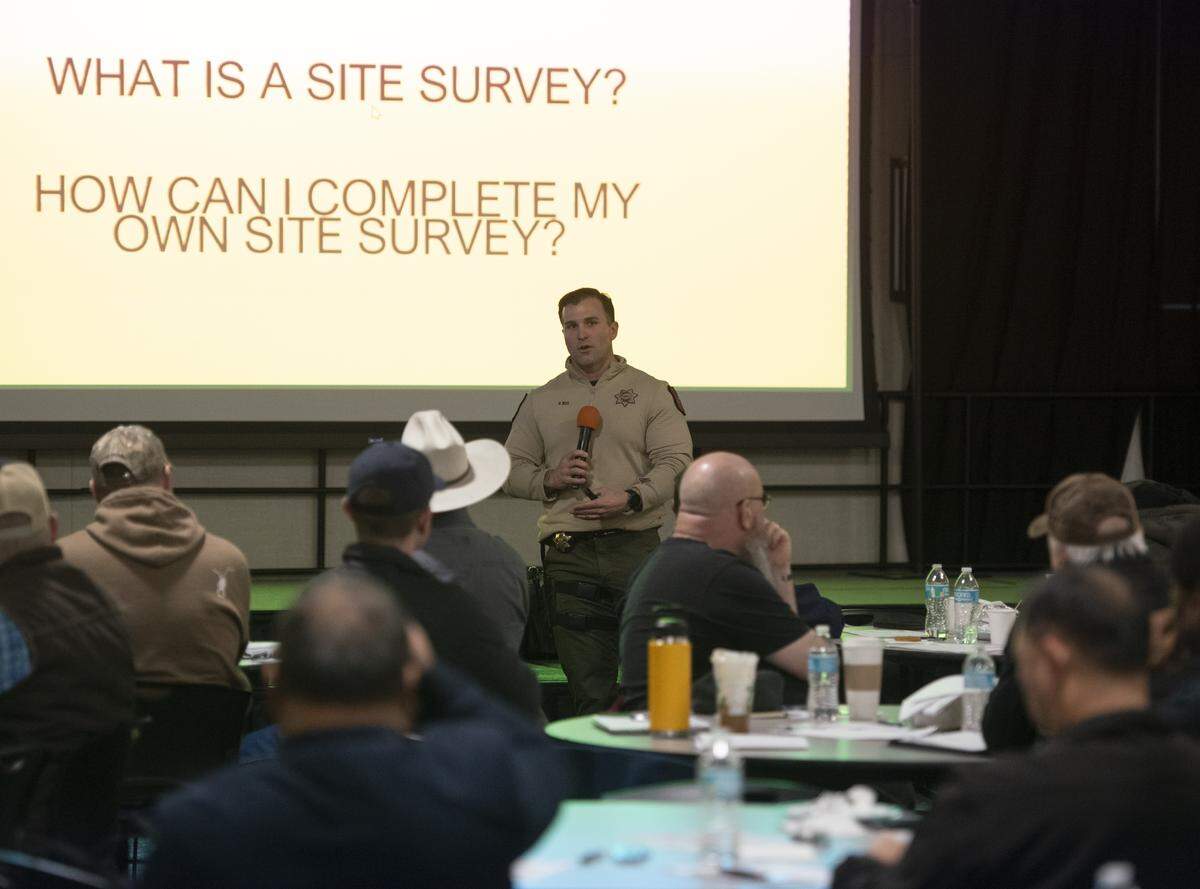 Lt. Brock Dias of the Stanislaus County Sheriff’s Office speaks to attendees during a faith-based security workshop Dec. 15 in Modesto, outlining how congregations can conduct site surveys to identify safety vulnerabilities at places of worship.