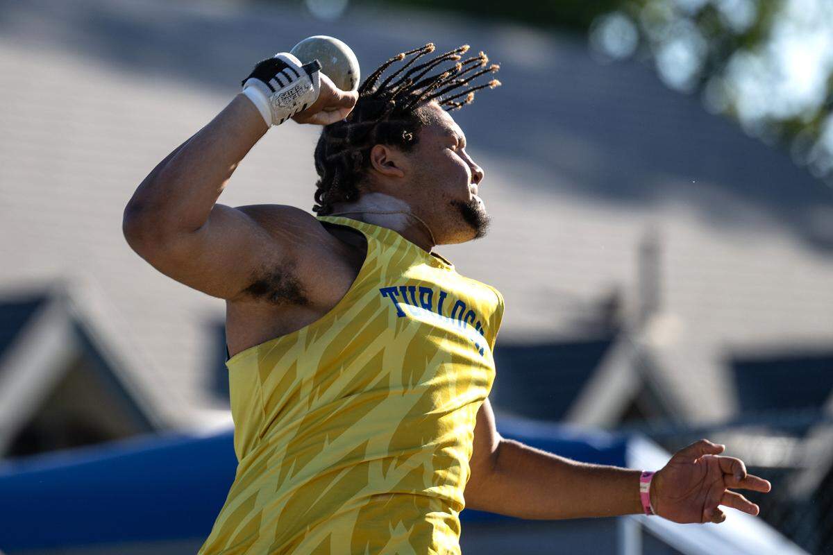 Turlock’s Pheonix Nunez-Bradshaw competes in the shot put at the CIF Sac-Joaquin Section Masters track finals at Davis High School in Davis, Calif., Saturday, May 20, 2023. Nunez-Bradshaw had a throw of 40’-11’’ in the final, the winning throw was 55’-0’’ from Jake Todden of Argonaut.