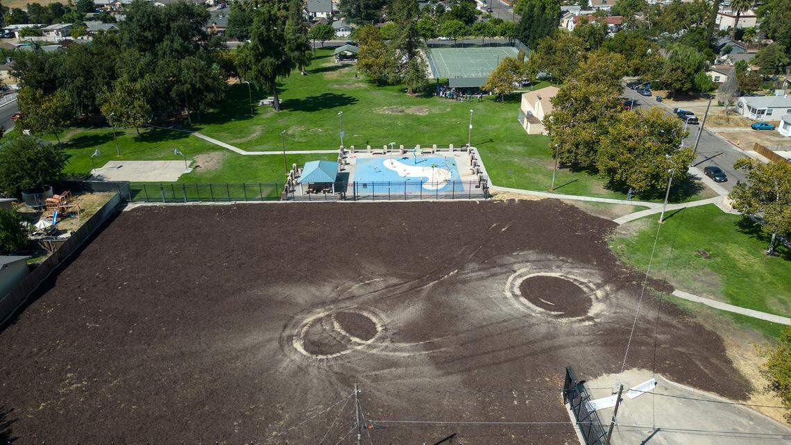 Aerial view of the site where a new pool will be built at Columbia Park in Turlock, Calif., on Saturday, Sept. 16, 2023. Demolition is complete on the old pool which was built in 1957. The project will bring new concrete, piping, heating, landscaping, picnic tables and shade structures. Younger kids will play in splash pads near the pool.