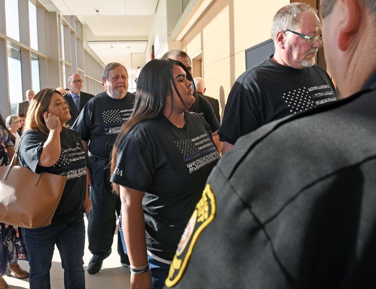 Supporters of Justin Wall wearing Stand With Justin t-shirts arrive on Monday morning Sept.17, 2018 for a court hearing for the Stanislaus county sheriff’s deputy in San Joaquin Superior Court. The deputy is accused of voluntary manslaughter in the shooting death of Evin Olsen Yadegar of Modesto during a pursuit in Ripon, California.
