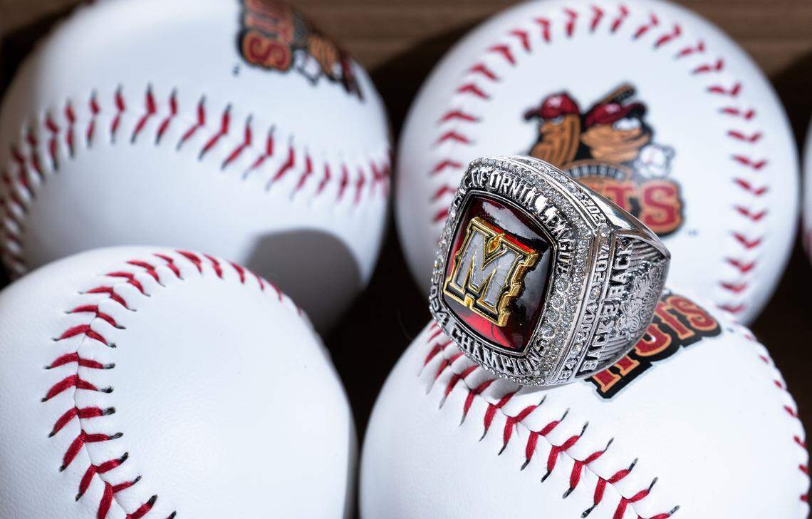 Replica California League “back to back” Modesto Nuts championship ring will be given to the first 500 fans at Saturday’s game. Photographed during Modesto Nuts media day at John Thurman Field in Modesto, Tuesday, April 1, 2025.