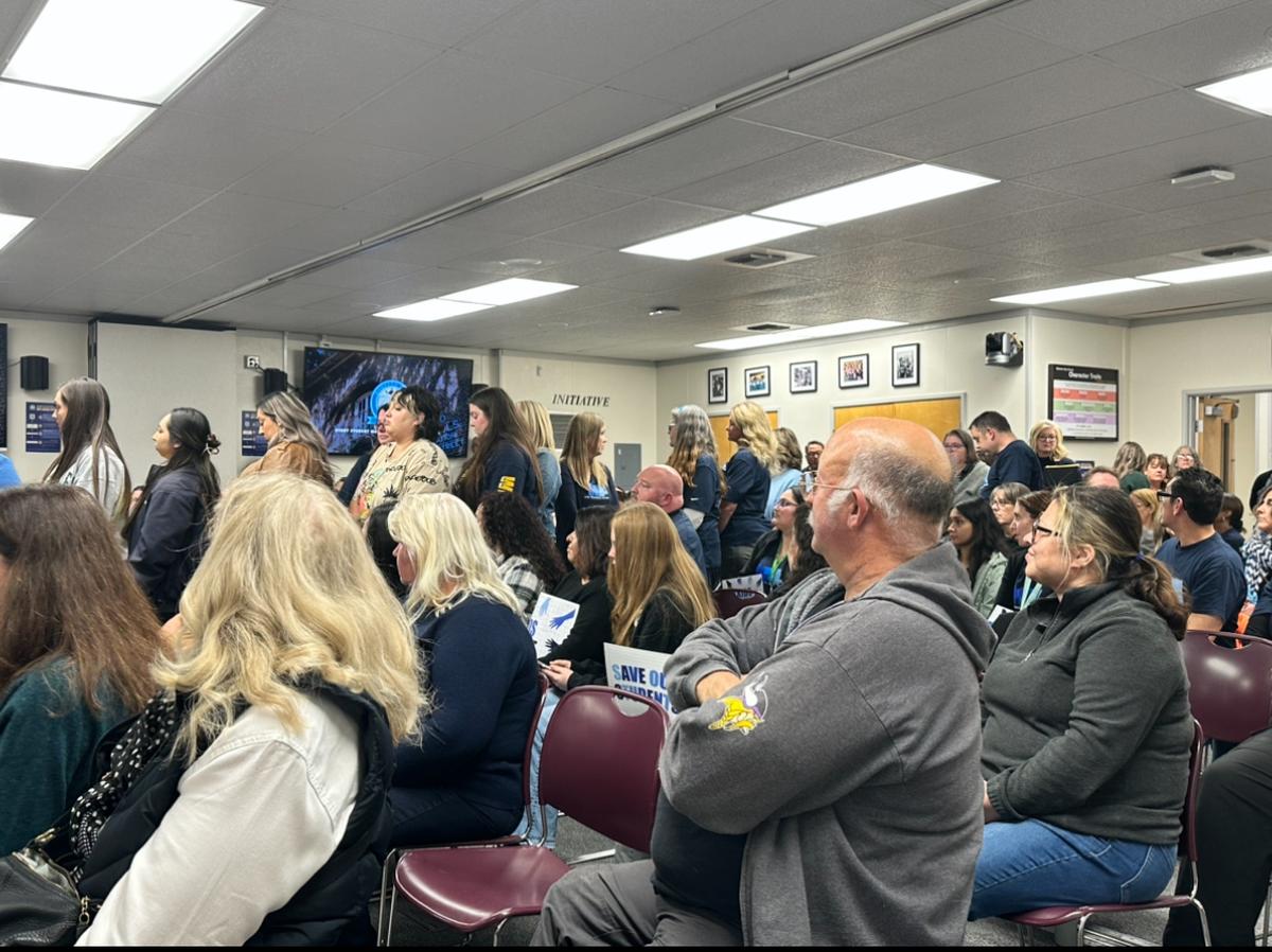 Staff line up to express their thoughts on Modesto City School’s recommended realignment of COVID sunsetting funds on Tuesday, Nov 12. Approximately 93 positions are slated to be laid off, if approved by the board.