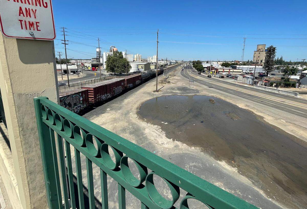 The first Altamont Corridor Express trains in Modesto, California, could use a temporary platform under the Needham Street overpass. The permanent downtown station has engineering challenges, officials said on April 29, 2024.