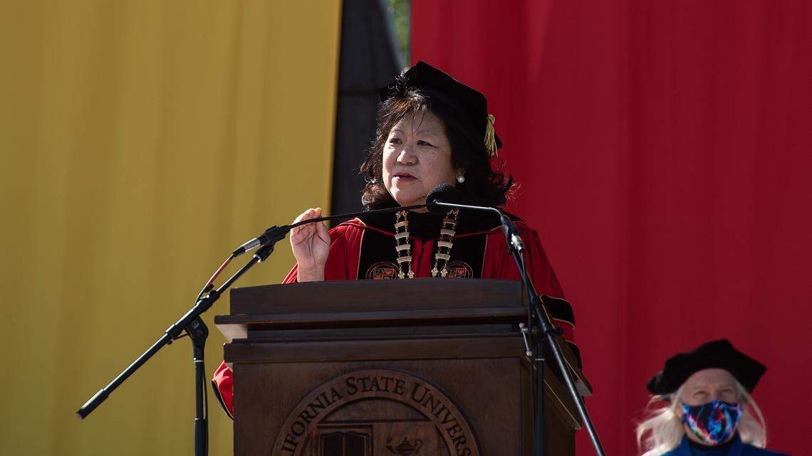 Stan State President Dr. Ellen Junn speaks to 260 graduates of the class of 2020 participate during a commencement ceremony at California State University, Stanislaus in Turlock, Calif., on Thursday, May 20, 2021.