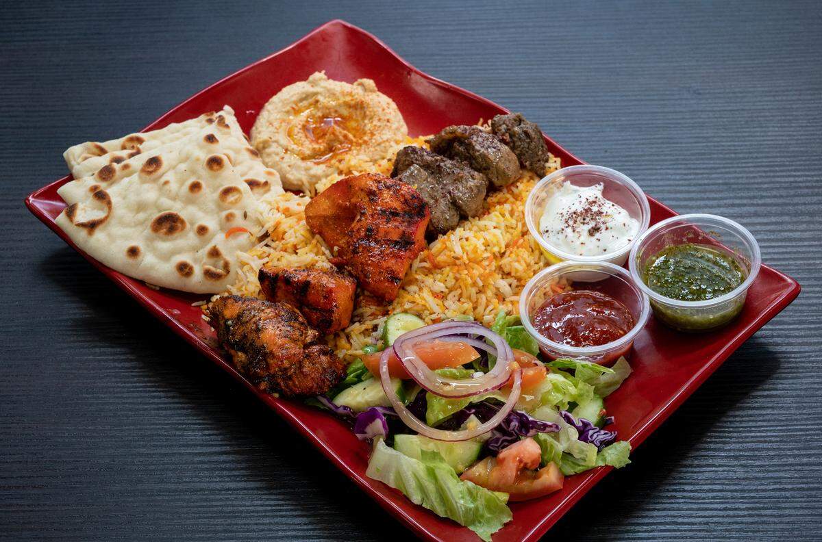 Chicken and lamb kebab plate at BBQ Blaze Mediterranean Fusion in Salida, Calif., on Thursday, Sept. 9, 2021.