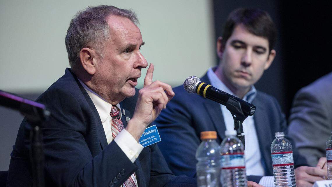 Democrat Mike Barkley, seen here on the left during his 2020 race for Congress, placed second in Tuesday’s 5th District primary. He will run against Republican Rep. Tom McClintock in November.