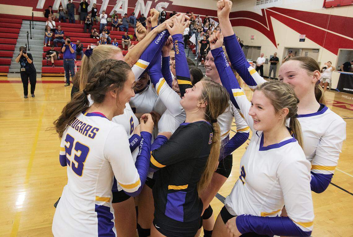 Escalon’s players celebrate their victory over Union Mine in the Division IV Championship at Ripon High School in Ripon, Calif., Saturday, Nov. 9, 2019. Escalon won the match 3-2.