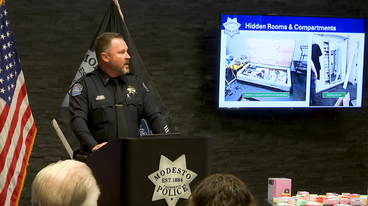 A screenshot of video taken from the Modesto Police Department’s press conference on Oct. 17, 2024, regarding its operations on smoke shops in the city.