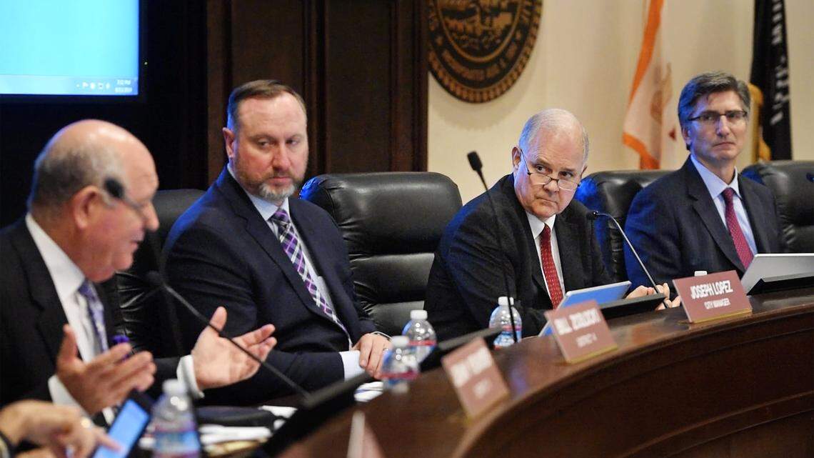 Mayor Ted Brandvold listens as council member Bill Zoslocki makes a comment during the Modesto City Council meeting in Modesto, Calif., Tuesday, Aug. 13, 2019.