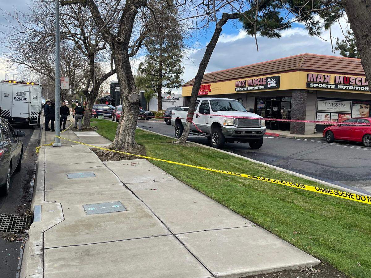 Police crime scene tape blocks access to Max Muscle on the 3200 block of Dale Road as Modesto Police Department investigates a shooting involving police and at least one suspect on Monday 17, 2025.