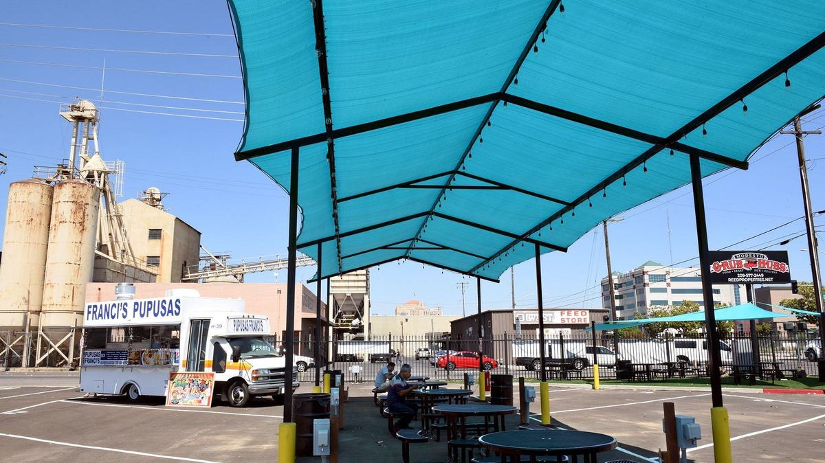 Today is the first day of operation for Modesto Grub Hubs, the new food truck court at the corner of Ninth and G streets in downtown Modesto, Calif.