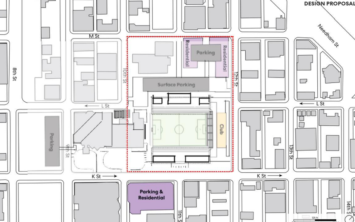A diagram detailing the proposed Downtown-North location of a professional soccer stadium in Modesto.