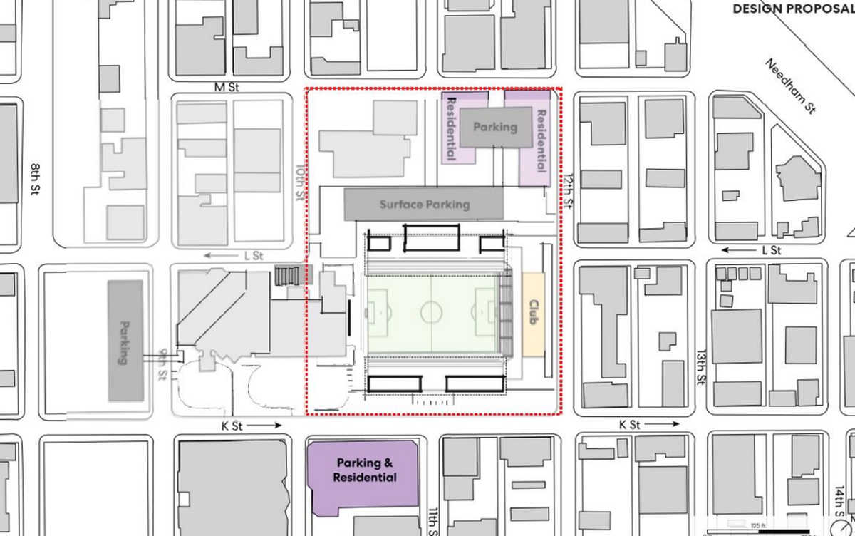 A diagram detailing the proposed Downtown-North location of a professional soccer stadium in Modesto.