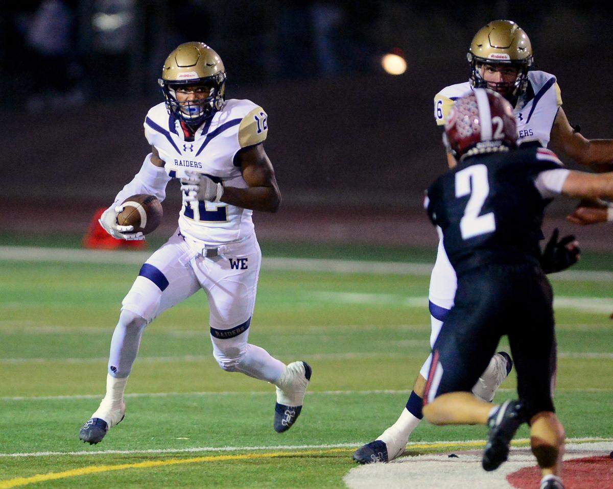 Central Catholic running back Joey Alcutt (12) runs a sweep during a game between Central Catholic High School and Patterson High School at Patterson High School in Patterson California on September 9, 2024. Central Catholic won the game 25-14