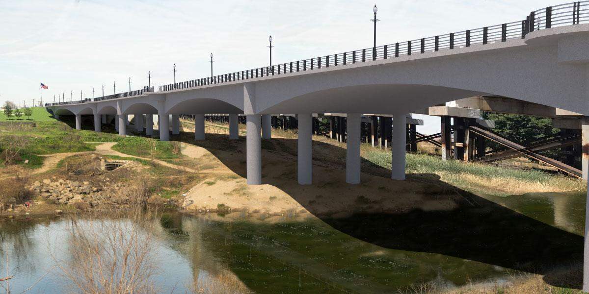 Photoillustration of the planned Seventh Street bridge replacement, a 1,238-foot-long, eight-span arched concrete box girder bridge that will carry two lanes of traffic in each direction.