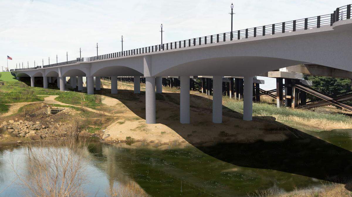 Photo-illustration of the Seventh Street Bridge replacement, a 1,238-foot-long, eight-span arched concrete box girder bridge that will carry two lanes of traffic in each direction.