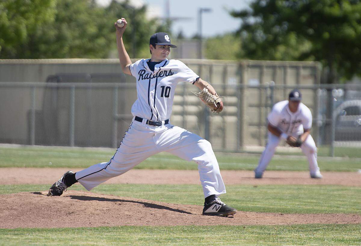 Central Catholic pitcher Connor Semone delivers a pitch during the Mark Dickens Tournament game with Beyer at Gregori High School in Salida, Calif., Tuesday, April 23, 2019. 