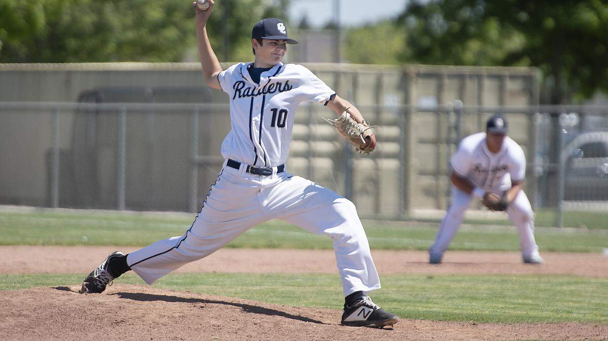 Central Catholic pitcher Connor Semone delivers a pitch during the Mark Dickens Tournament game with Beyer at Gregori High School in Salida, Calif., Tuesday, April 23, 2019. 