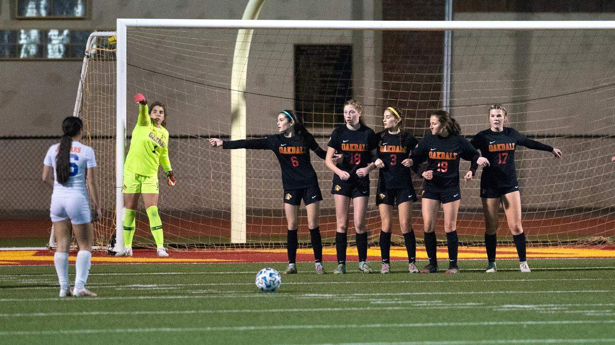 Oakdale players set up a defense against a Kimball free kick during the Valley Oak League game in Oakdale, Calif., Friday, Jan. 20, 2023.