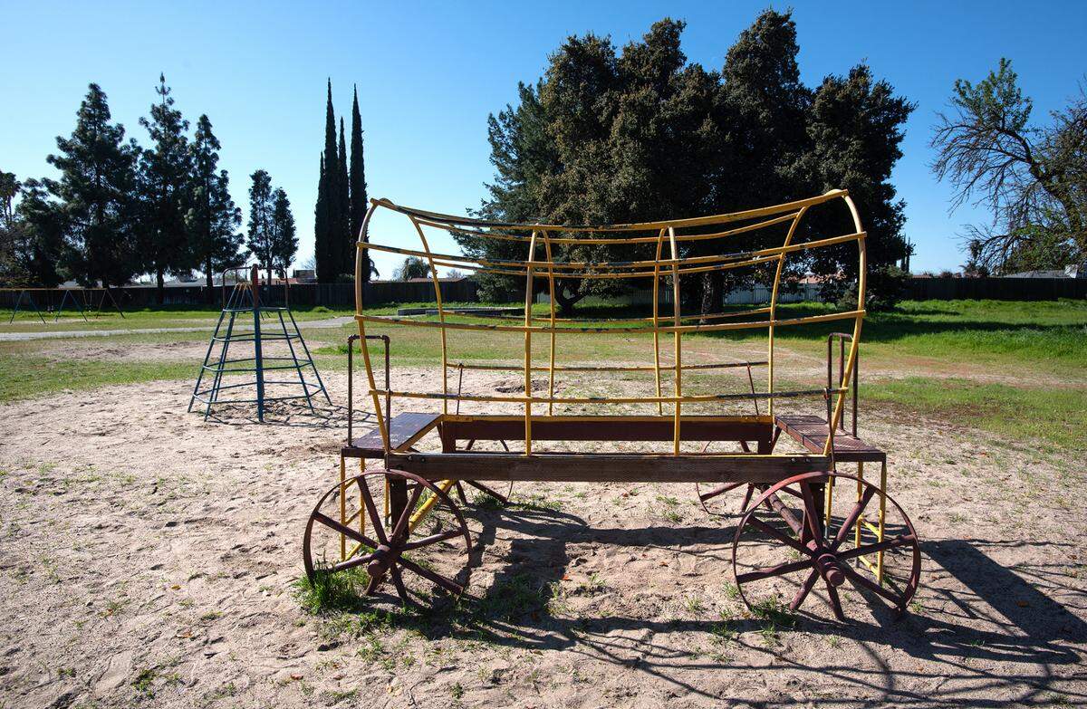 Vintage playground equipment at Mancini Park in Modesto, Calif., Thursday, March 16, 2023. The City of Modesto is planning to build a new playground at the park to replace the one installed in 1967.