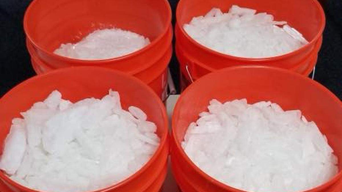 About 91 pounds of methamphetamine were discovered in 5-gallon buckets in the cab of a pickup truck pulled over Monday afternoon in north Modesto.