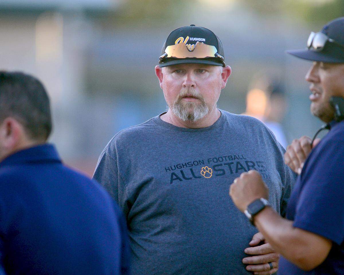 South Team co-head coach Shaun King looks down his sideline during the 2024 Lions All-Star High School Football game at Tracy High School in Tracy, Calif. on June 22, 2024.