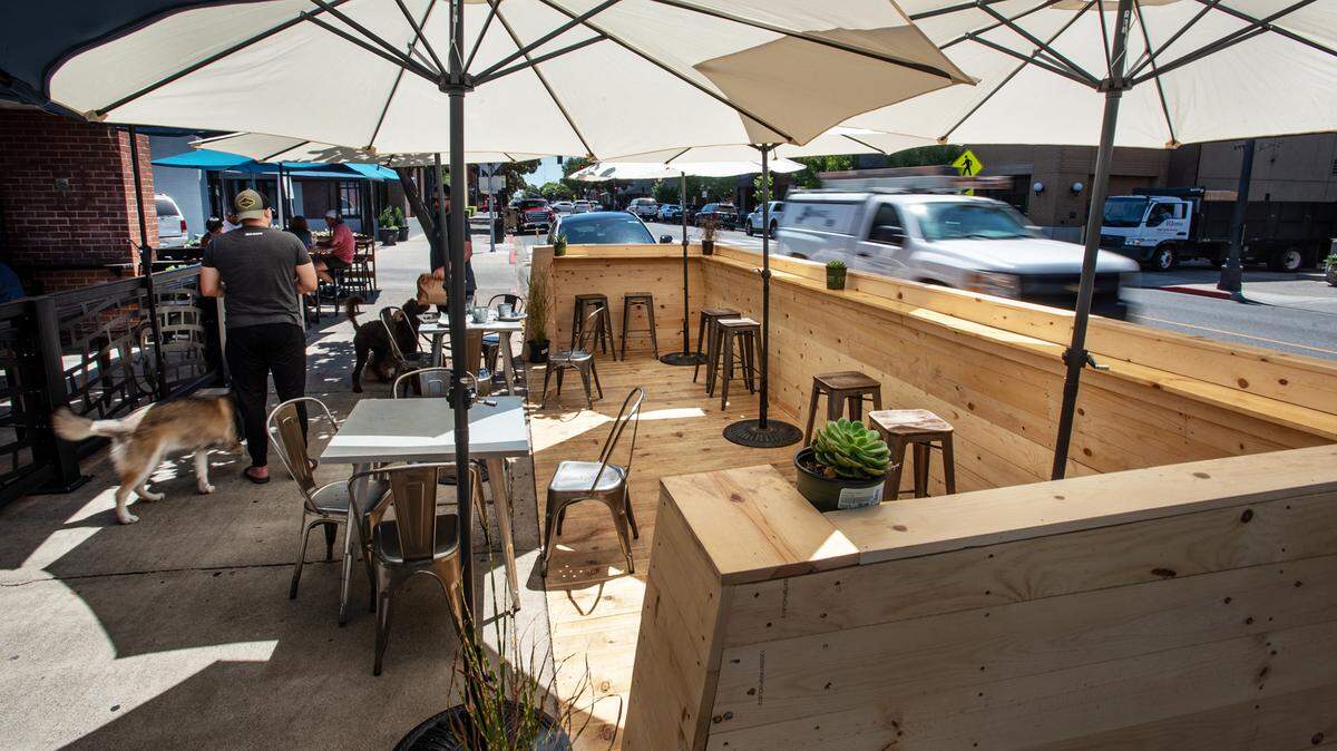 Commonwealth reataurant has recently built a parklet for outdoor dining in Modesto, Calif., on August 12, 2020.