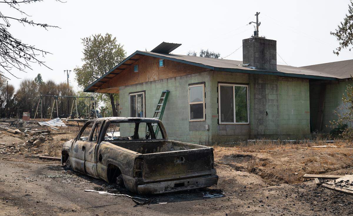 Aftermath shows damage from a wildfire in Chinese Camp, the fire started Tuesday night, Sept. 2. Photographed, Wednesday, Sept. 3, 2025.